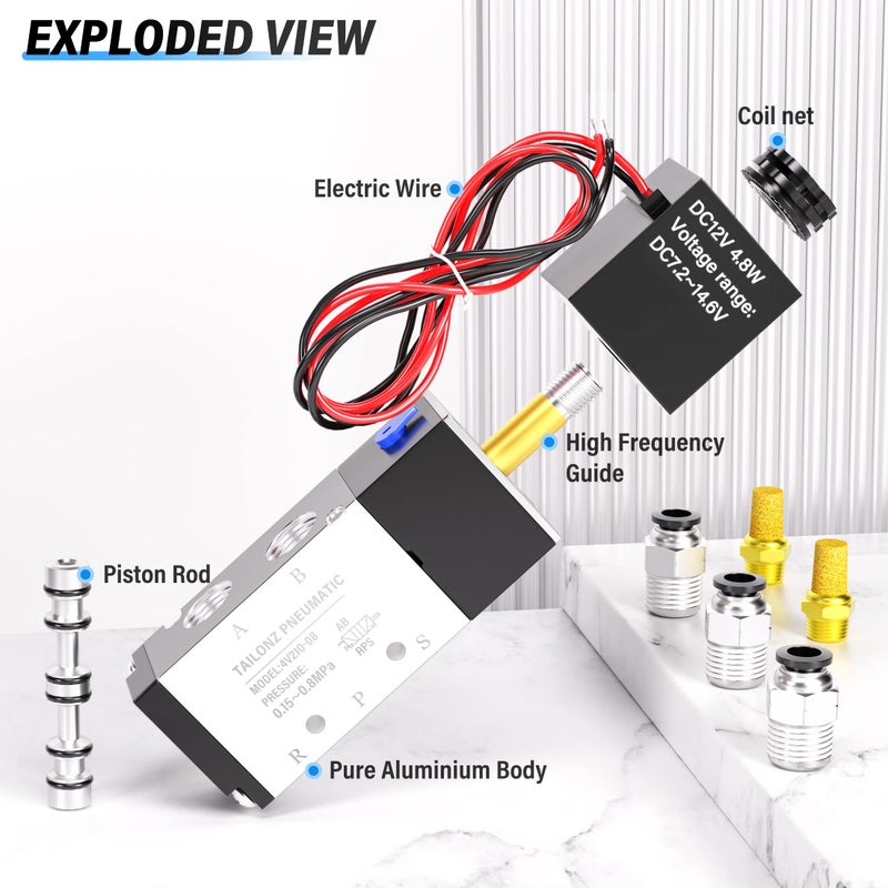 TAILONZ PNEUMATIC 1/4"NPT Solenoid Valve DC12V Single Coil Pilot-Operated Electric 2 Position 5 Way Connection Type 4V210-08 Outlet wire - Image 4